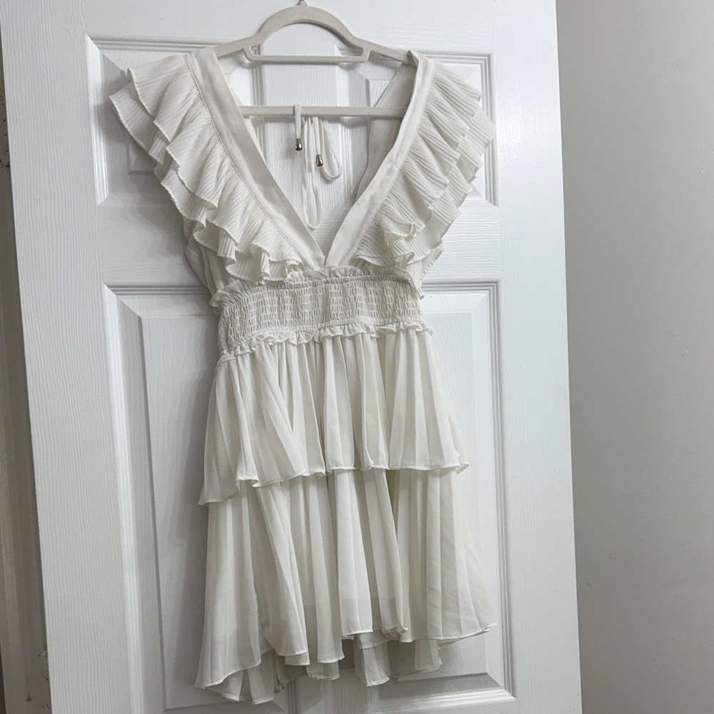 White Ruffled Tiered V-Neck Mini Dress